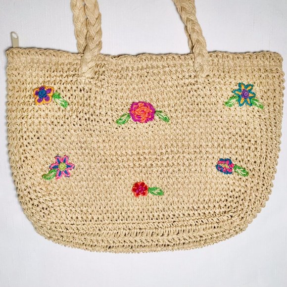 Vintage Y2K Woven Floral Cottagecore Knit Tan Shoulder Bag Boho Grandma Purse - Picture 2 of 5